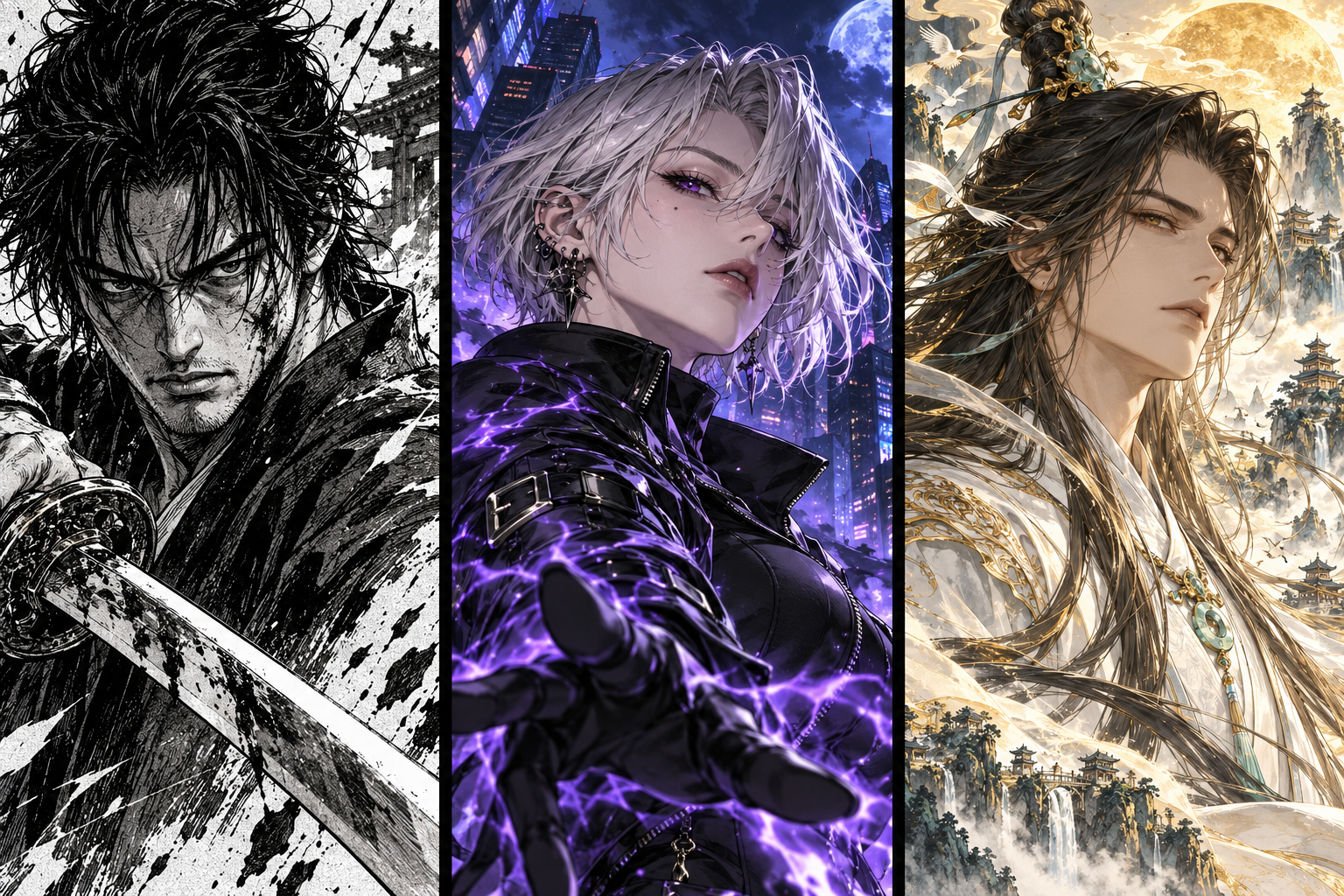 Original comic illustrations: an ink-drawn ronin, a silver-haired urban fantasy hunter, and a celestial cultivator.